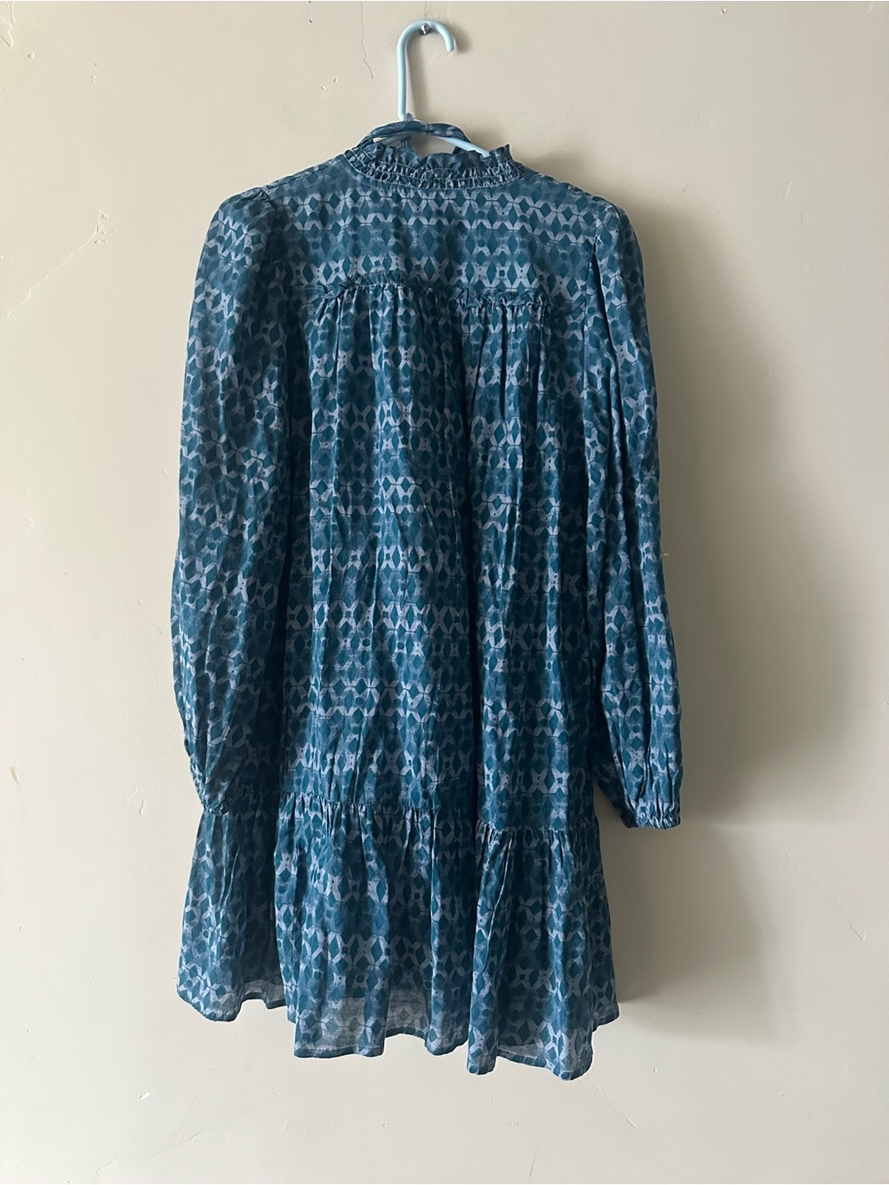 Anthropologie Blue Patterned Long-Sleeve Tiered Dress